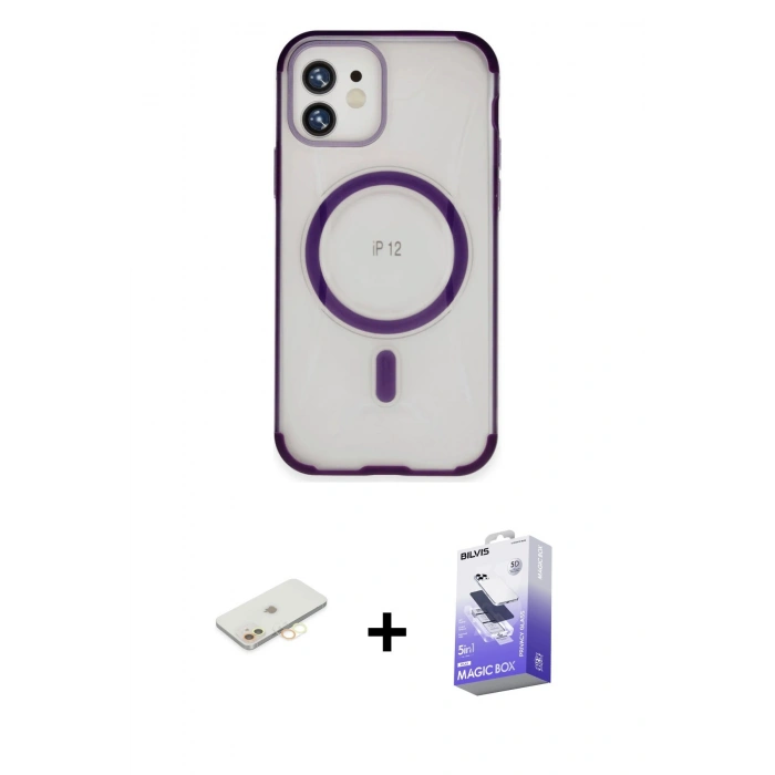 MARSİLYAN™- iPhone 12 Kılıf Eksen Klasik Koleksiyonu - Siyah Bilvis 5in1 5D Magic Hayalet Cam Ekran Koruyucu + Renkli Kamera Lens Koruma Cam - SI