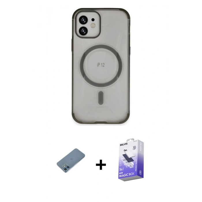 MARSİLYAN™- iPhone 12 Kılıf Eksen Klasik Koleksiyonu - Siyah Bilvis 5in1 5D Magic Hayalet Cam Ekran Koruyucu + Shine Kamera Lens Koruma Cam - MI