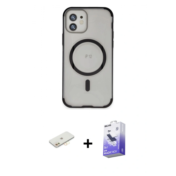 MARSİLYAN™- iPhone 12 Kılıf Eksen Klasik Koleksiyonu - Siyah Bilvis 5in1 5D Magic Hayalet Cam Ekran Koruyucu + Renkli Kamera Lens Koruma Cam - SI