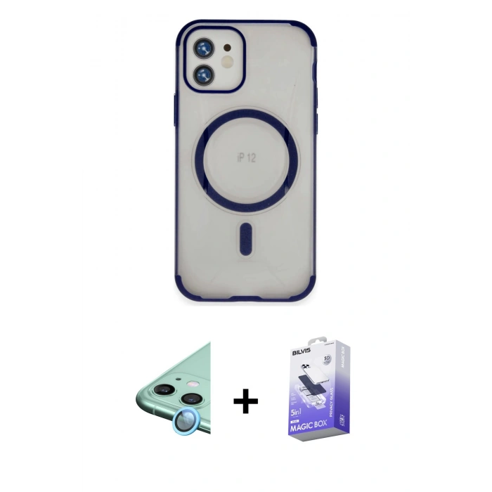 MARSİLYAN™- iPhone 12 Kılıf Eksen Klasik Koleksiyonu - Siyah Bilvis 5in1 5D Magic Hayalet Cam Ekran Koruyucu + Raze Metal Kamera Lens - MI