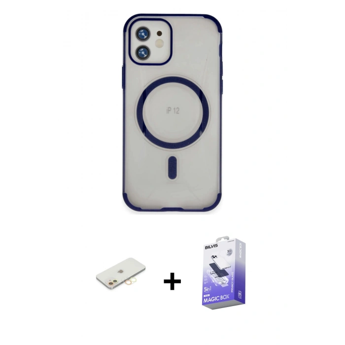 MARSİLYAN™- iPhone 12 Kılıf Eksen Klasik Koleksiyonu - Siyah Bilvis 5in1 5D Magic Hayalet Cam Ekran Koruyucu + Renkli Kamera Lens Koruma Cam - SI