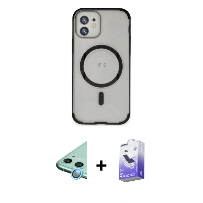 MARSİLYAN™- iPhone 12 Kılıf Eksen Klasik Koleksiyonu - Siyah Bilvis 5in1 5D Magic Hayalet Cam Ekran Koruyucu + Raze Metal Kamera Lens - MI