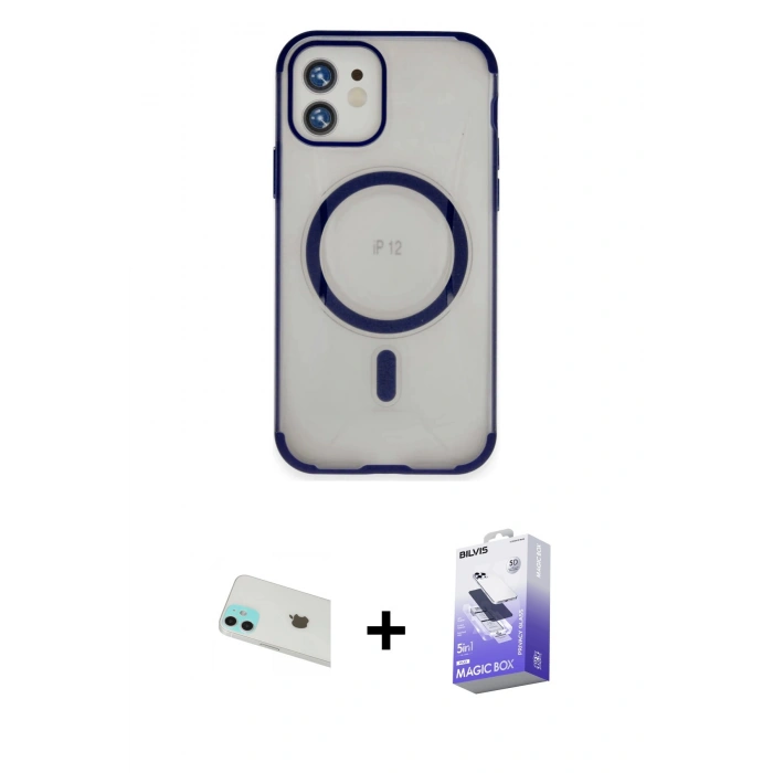 MARSİLYAN™- iPhone 12 Kılıf Eksen Klasik Koleksiyonu - Siyah Bilvis 5in1 5D Magic Hayalet Cam Ekran Koruyucu + Rainbow Kamera Lens Koruma Cam - YL