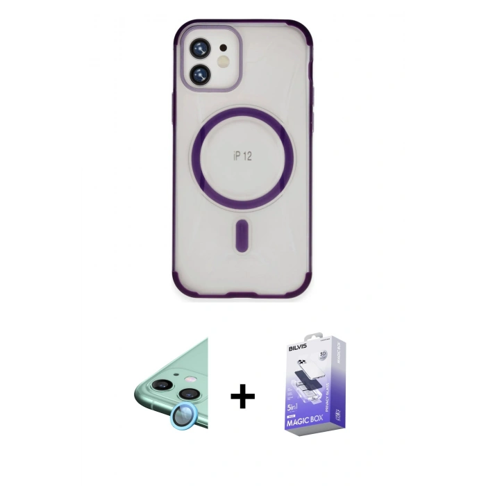 MARSİLYAN™- iPhone 12 Kılıf Eksen Klasik Koleksiyonu - Siyah Bilvis 5in1 5D Magic Hayalet Cam Ekran Koruyucu + Raze Metal Kamera Lens - MI