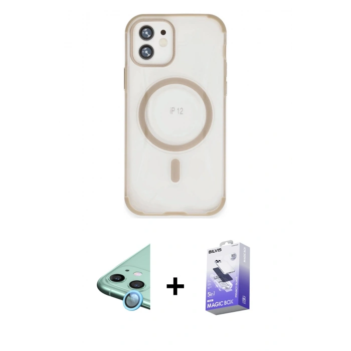 MARSİLYAN™- iPhone 12 Kılıf Eksen Klasik Koleksiyonu - Siyah Bilvis 5in1 5D Magic Hayalet Cam Ekran Koruyucu + Raze Metal Kamera Lens - MI