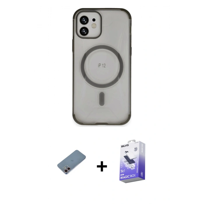 MARSİLYAN™- iPhone 12 Kılıf Eksen Klasik Koleksiyonu - Siyah Bilvis 5in1 5D Magic Hayalet Cam Ekran Koruyucu + Shine Kamera Lens Koruma Cam - PE