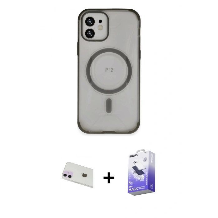 MARSİLYAN™- iPhone 12 Kılıf Eksen Klasik Koleksiyonu - Siyah Bilvis 5in1 5D Magic Hayalet Cam Ekran Koruyucu + Rainbow Kamera Lens Koruma Cam - MR