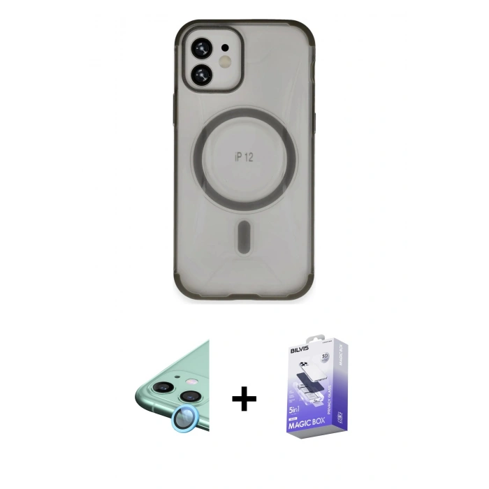 MARSİLYAN™- iPhone 12 Kılıf Eksen Klasik Koleksiyonu - Siyah Bilvis 5in1 5D Magic Hayalet Cam Ekran Koruyucu + Raze Metal Kamera Lens - MI