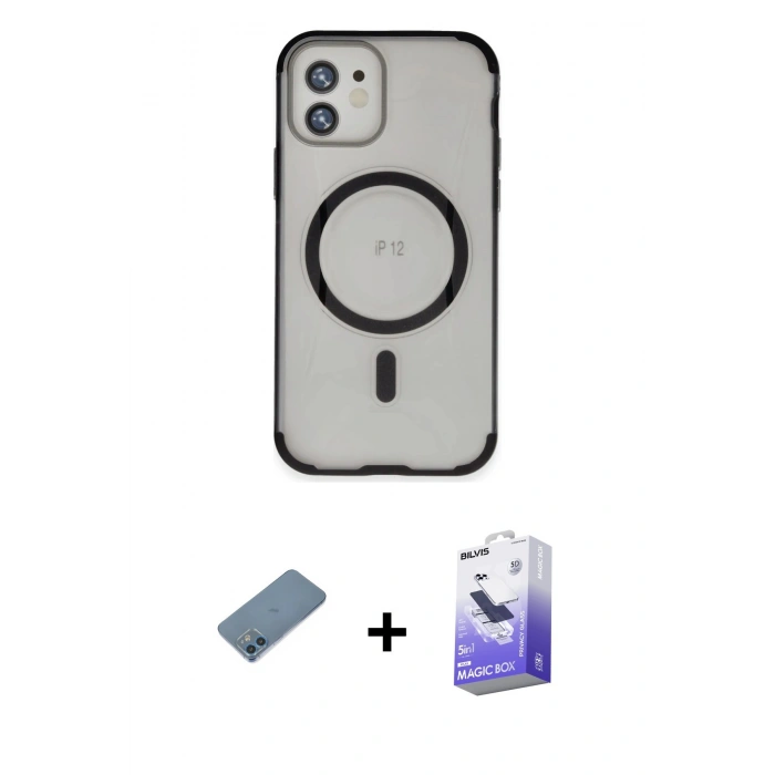 MARSİLYAN™- iPhone 12 Kılıf Eksen Klasik Koleksiyonu - Siyah Bilvis 5in1 5D Magic Hayalet Cam Ekran Koruyucu + Shine Kamera Lens Koruma Cam - MI