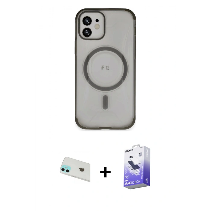 MARSİLYAN™- iPhone 12 Kılıf Eksen Klasik Koleksiyonu - Siyah Bilvis 5in1 5D Magic Hayalet Cam Ekran Koruyucu + Rainbow Kamera Lens Koruma Cam - YL
