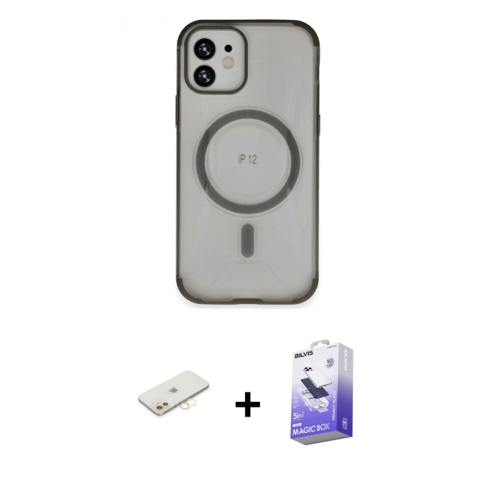 MARSİLYAN™- iPhone 12 Kılıf Eksen Klasik Koleksiyonu - Siyah Bilvis 5in1 5D Magic Hayalet Cam Ekran Koruyucu + Renkli Kamera Lens Koruma Cam - SI