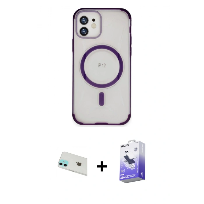 MARSİLYAN™- iPhone 12 Kılıf Eksen Klasik Koleksiyonu - Siyah Bilvis 5in1 5D Magic Hayalet Cam Ekran Koruyucu + Rainbow Kamera Lens Koruma Cam - YL