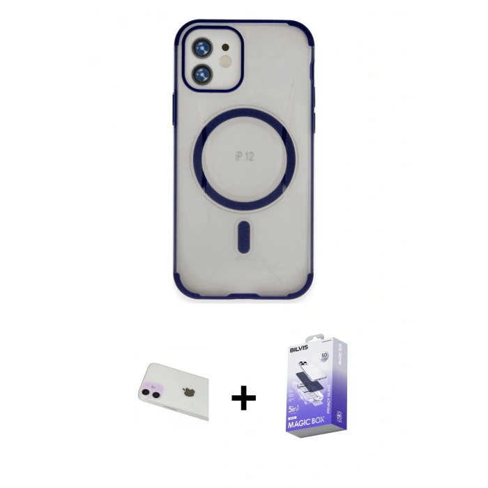 MARSİLYAN™- iPhone 12 Kılıf Eksen Klasik Koleksiyonu - Siyah Bilvis 5in1 5D Magic Hayalet Cam Ekran Koruyucu + Rainbow Kamera Lens Koruma Cam - MR