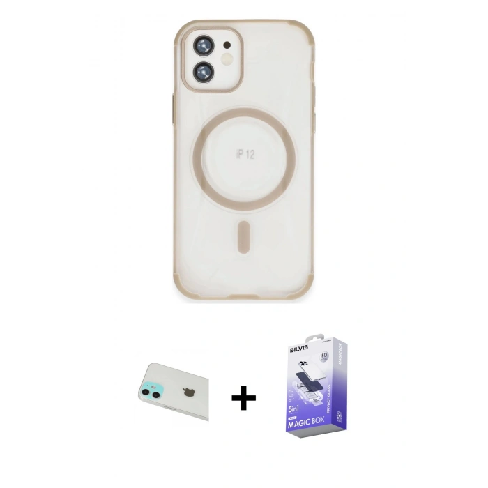 MARSİLYAN™- iPhone 12 Kılıf Eksen Klasik Koleksiyonu - Siyah Bilvis 5in1 5D Magic Hayalet Cam Ekran Koruyucu + Rainbow Kamera Lens Koruma Cam - YL