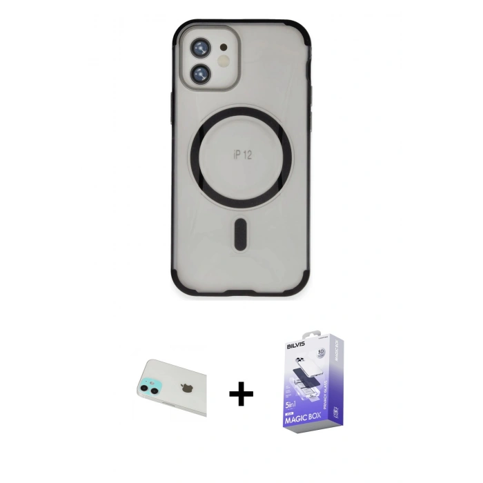 MARSİLYAN™- iPhone 12 Kılıf Eksen Klasik Koleksiyonu - Siyah Bilvis 5in1 5D Magic Hayalet Cam Ekran Koruyucu + Rainbow Kamera Lens Koruma Cam - YL