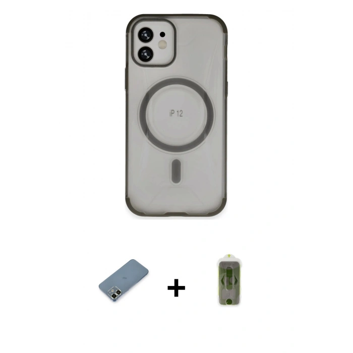 MARSİLYAN™- iPhone 12 Kılıf Eksen Klasik Koleksiyonu - Siyah Joko Magic 5D Hayalet Cam + Metal Kamera Lens Koruma Cam - AKYL