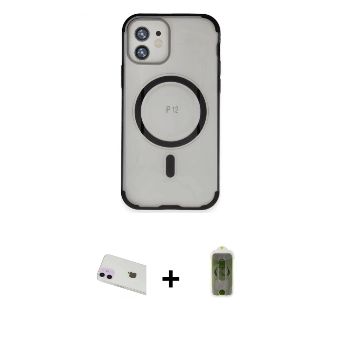 MARSİLYAN™- iPhone 12 Kılıf Eksen Klasik Koleksiyonu - Siyah Joko Magic 5D Hayalet Cam + Rainbow Kamera Lens Koruma Cam - MR