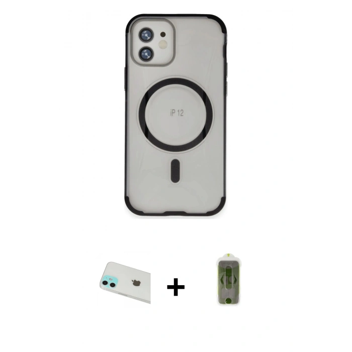MARSİLYAN™- iPhone 12 Kılıf Eksen Klasik Koleksiyonu - Siyah Joko Magic 5D Hayalet Cam + Rainbow Kamera Lens Koruma Cam - YL