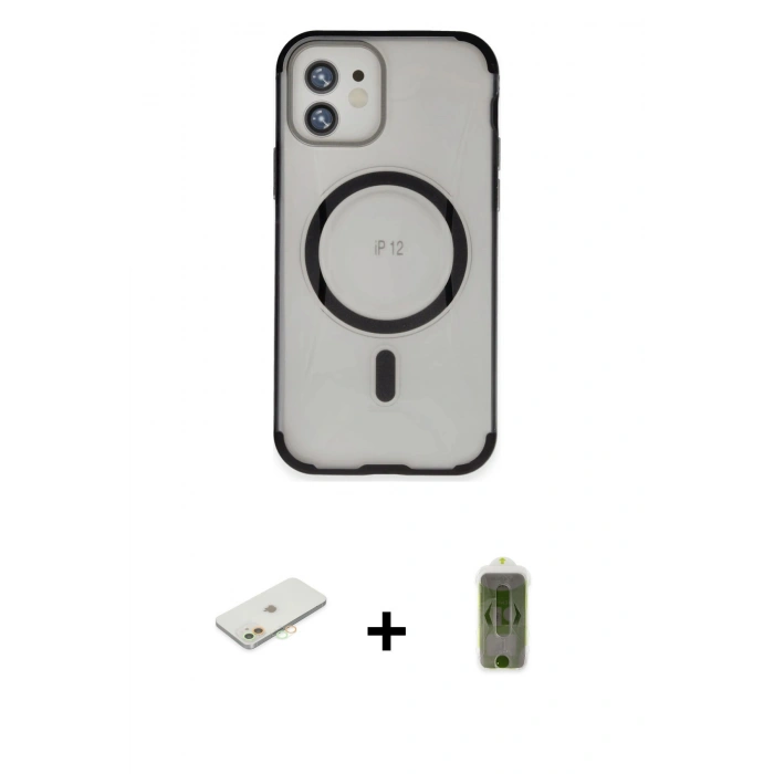 MARSİLYAN™- iPhone 12 Kılıf Eksen Klasik Koleksiyonu - Siyah Joko Magic 5D Hayalet Cam + Renkli Kamera Lens Koruma Cam - TU