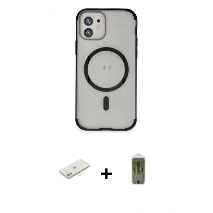 MARSİLYAN™- iPhone 12 Kılıf Eksen Klasik Koleksiyonu - Siyah Joko Magic 5D Hayalet Cam + Renkli Kamera Lens Koruma Cam - SI