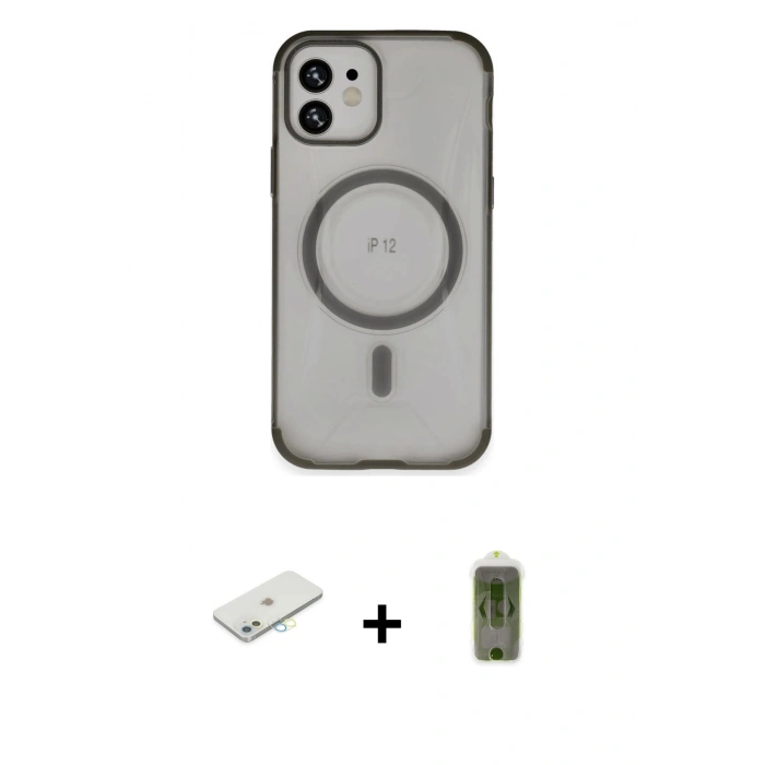 MARSİLYAN™- iPhone 12 Kılıf Eksen Klasik Koleksiyonu - Siyah Joko Magic 5D Hayalet Cam + Renkli Kamera Lens Koruma Cam - SI