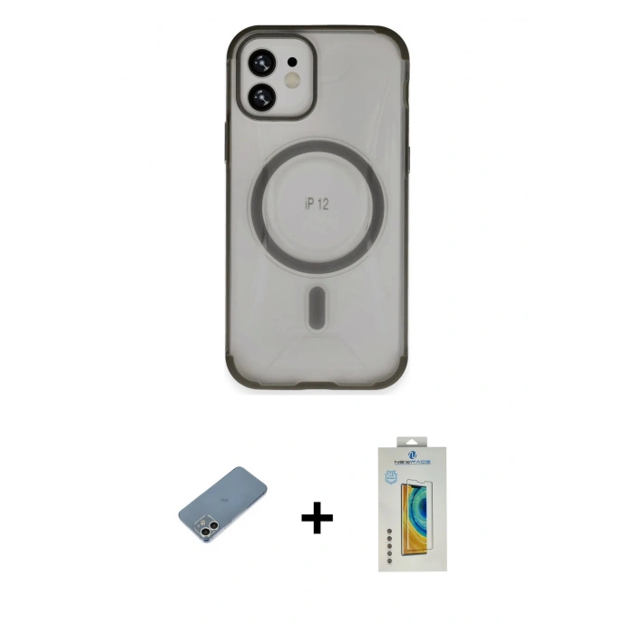 MARSİLYAN™- iPhone 12 Kılıf Eksen Klasik Koleksiyonu - Siyah Polymer Nano Ekran Koruyucu + Gümüş Shine Kamera Lens Koruma Cam