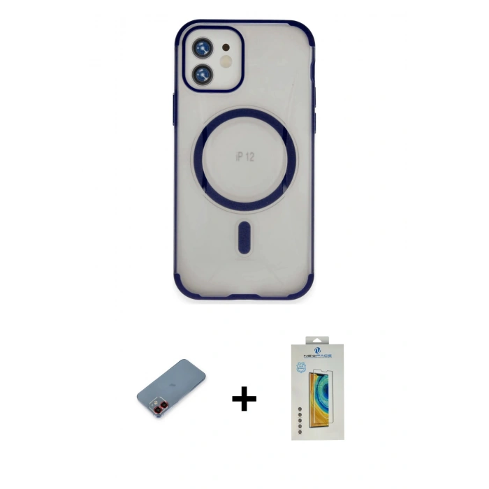 MARSİLYAN™- iPhone 12 Kılıf Eksen Klasik Koleksiyonu - Siyah Polymer Nano Ekran Koruyucu + Metal Kamera Lens Koruma Cam - KI