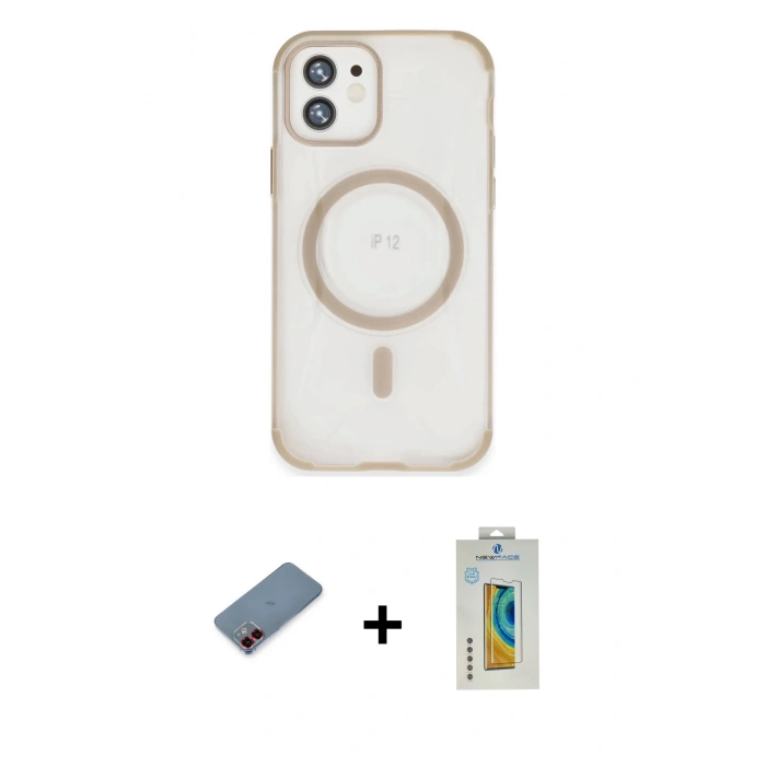 MARSİLYAN™- iPhone 12 Kılıf Eksen Klasik Koleksiyonu - Siyah Polymer Nano Ekran Koruyucu + Metal Kamera Lens Koruma Cam - KI