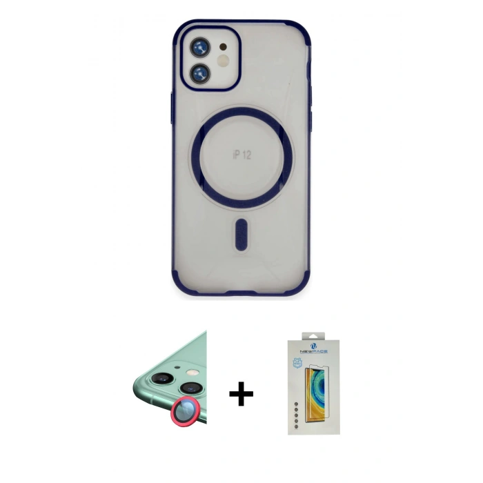 MARSİLYAN™- iPhone 12 Kılıf Eksen Klasik Koleksiyonu - Siyah Polymer Nano Ekran Koruyucu + Raze Metal Kamera Lens - KI