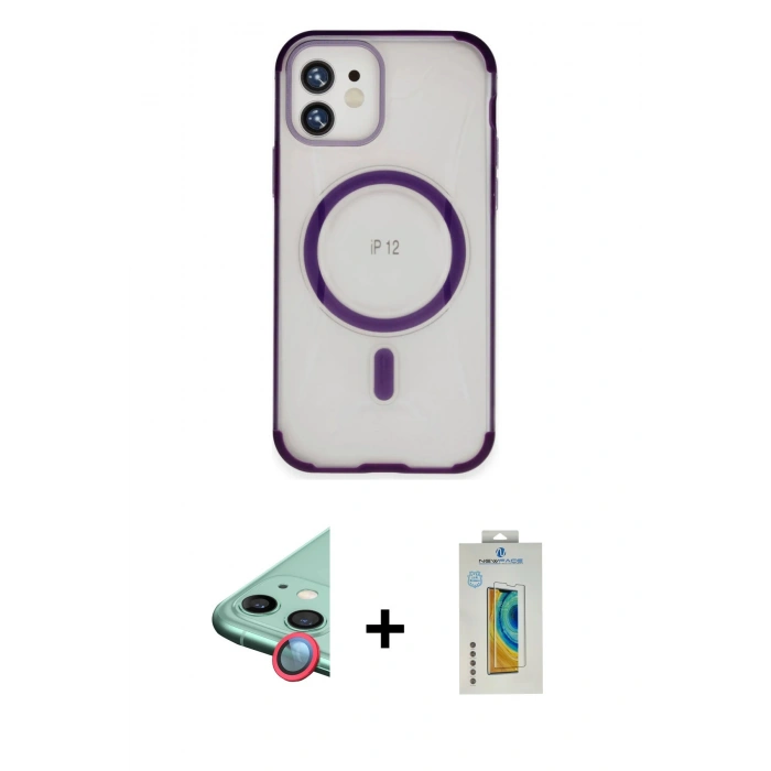 MARSİLYAN™- iPhone 12 Kılıf Eksen Klasik Koleksiyonu - Siyah Polymer Nano Ekran Koruyucu + Raze Metal Kamera Lens - KI
