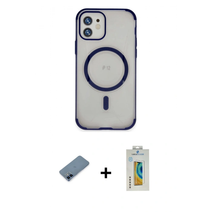 MARSİLYAN™- iPhone 12 Kılıf Eksen Klasik Koleksiyonu - Siyah Polymer Nano Ekran Koruyucu + Metal Kamera Lens Koruma Cam - MI