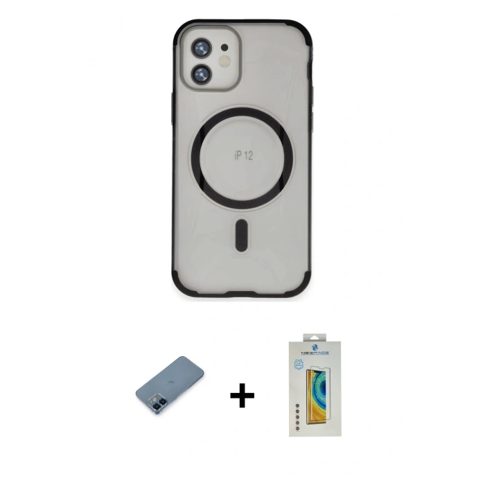 MARSİLYAN™- iPhone 12 Kılıf Eksen Klasik Koleksiyonu - Siyah Polymer Nano Ekran Koruyucu + Metal Kamera Lens Koruma Cam - MI