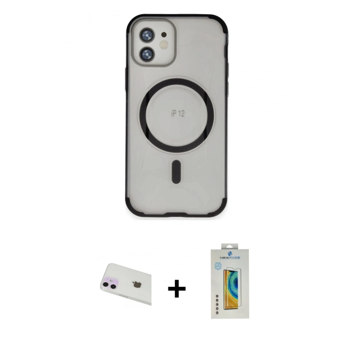 MARSİLYAN™- iPhone 12 Kılıf Eksen Klasik Koleksiyonu - Siyah Polymer Nano Ekran Koruyucu + Rainbow Kamera Lens Koruma Cam - MR