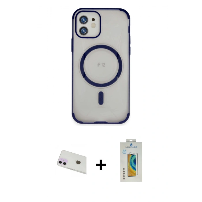MARSİLYAN™- iPhone 12 Kılıf Eksen Klasik Koleksiyonu - Siyah Polymer Nano Ekran Koruyucu + Rainbow Kamera Lens Koruma Cam - MR