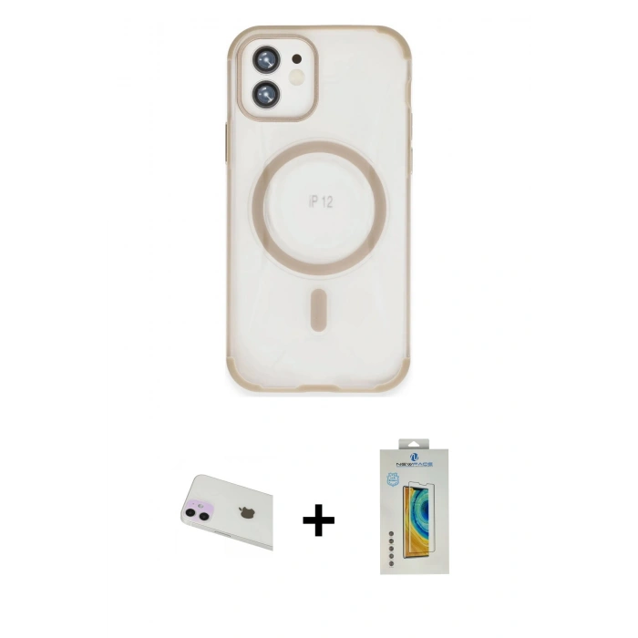 MARSİLYAN™- iPhone 12 Kılıf Eksen Klasik Koleksiyonu - Siyah Polymer Nano Ekran Koruyucu + Rainbow Kamera Lens Koruma Cam - MR