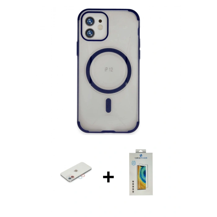 MARSİLYAN™- iPhone 12 Kılıf Eksen Klasik Koleksiyonu - Siyah Polymer Nano Ekran Koruyucu + Pembe Renkli Kamera Lens Koruma Cam