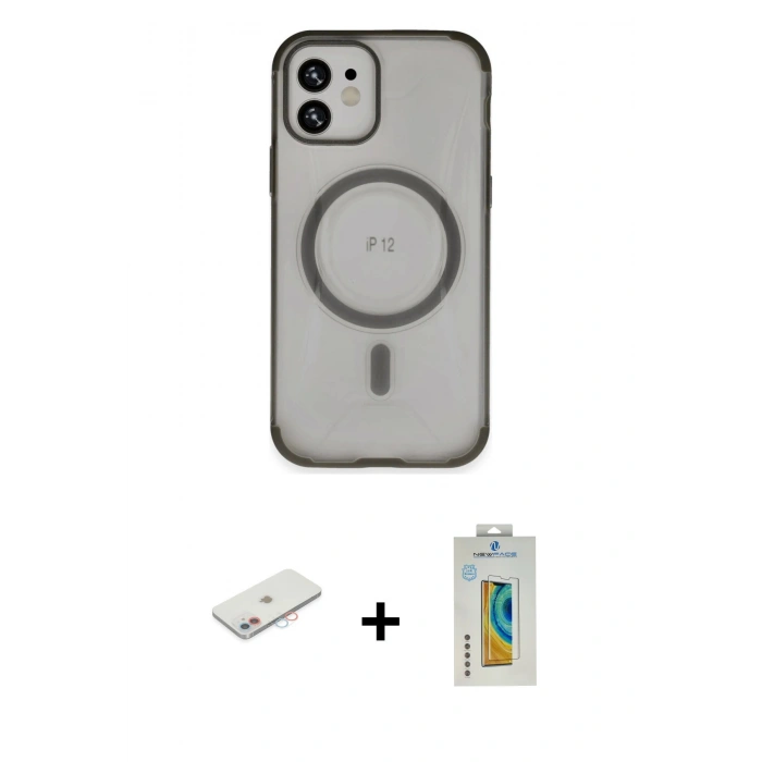 MARSİLYAN™- iPhone 12 Kılıf Eksen Klasik Koleksiyonu - Siyah Polymer Nano Ekran Koruyucu + Pembe Renkli Kamera Lens Koruma Cam