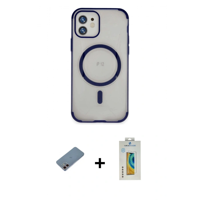 MARSİLYAN™- iPhone 12 Kılıf Eksen Klasik Koleksiyonu - Siyah Polymer Nano Ekran Koruyucu + Pembe Shine Kamera Lens Koruma Cam