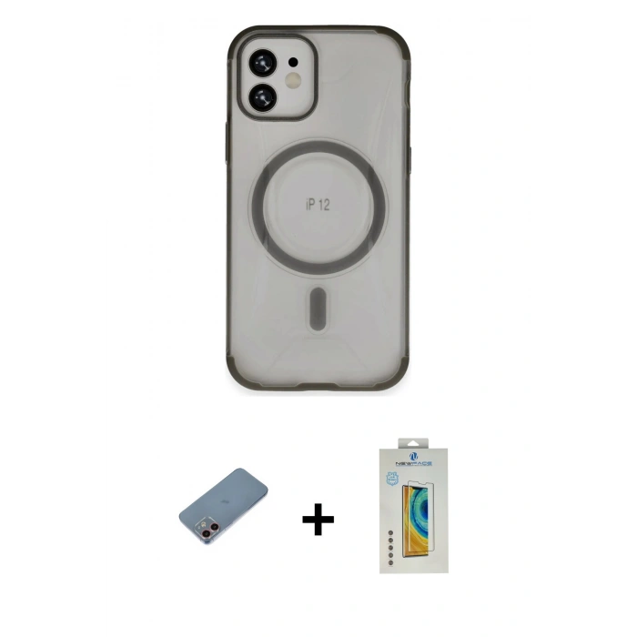 MARSİLYAN™- iPhone 12 Kılıf Eksen Klasik Koleksiyonu - Siyah Polymer Nano Ekran Koruyucu + Pembe Shine Kamera Lens Koruma Cam