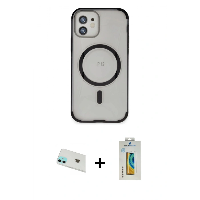 MARSİLYAN™- iPhone 12 Kılıf Eksen Klasik Koleksiyonu - Siyah Polymer Nano Ekran Koruyucu + Rainbow Kamera Lens Koruma Cam - YL
