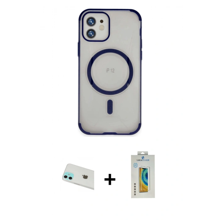 MARSİLYAN™- iPhone 12 Kılıf Eksen Klasik Koleksiyonu - Siyah Polymer Nano Ekran Koruyucu + Rainbow Kamera Lens Koruma Cam - YL
