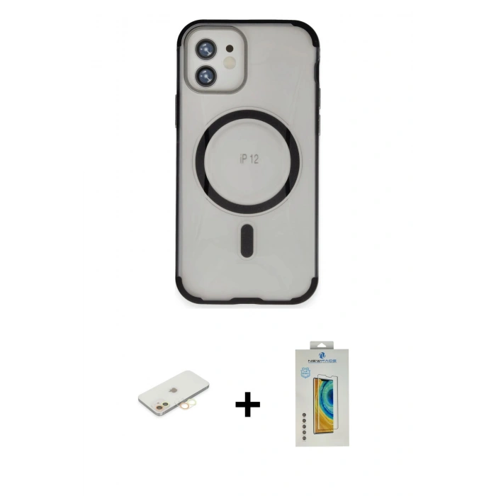 MARSİLYAN™- iPhone 12 Kılıf Eksen Klasik Koleksiyonu - Siyah Polymer Nano Ekran Koruyucu + Renkli Kamera Lens Koruma Cam - SI