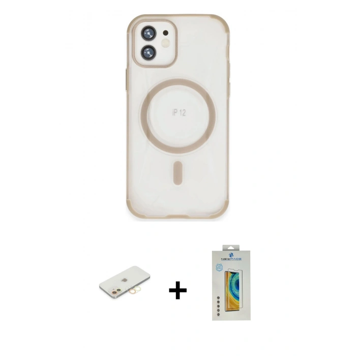 MARSİLYAN™- iPhone 12 Kılıf Eksen Klasik Koleksiyonu - Siyah Polymer Nano Ekran Koruyucu + Renkli Kamera Lens Koruma Cam - SI
