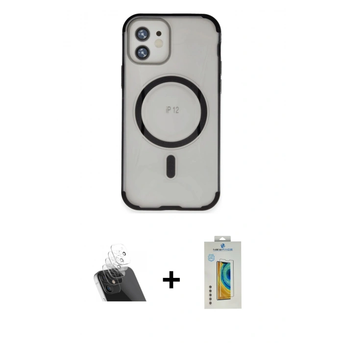 MARSİLYAN™- iPhone 12 Kılıf Eksen Klasik Koleksiyonu - Siyah Polymer Nano Ekran Koruyucu + Kamera Lens Koruma Cam - SF