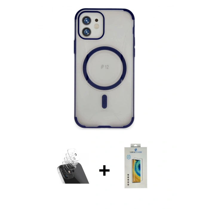 MARSİLYAN™- iPhone 12 Kılıf Eksen Klasik Koleksiyonu - Siyah Polymer Nano Ekran Koruyucu + Kamera Lens Koruma Cam - SF