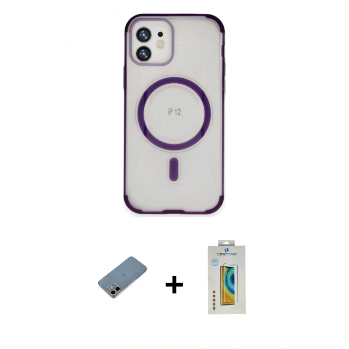 MARSİLYAN™- iPhone 12 Kılıf Eksen Klasik Koleksiyonu - Siyah Polymer Nano Ekran Koruyucu + Shine Kamera Lens Koruma Cam - GD