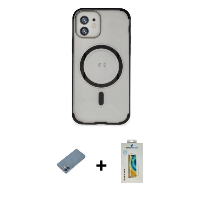 MARSİLYAN™- iPhone 12 Kılıf Eksen Klasik Koleksiyonu - Siyah Polymer Nano Ekran Koruyucu + Shine Kamera Lens Koruma Cam - MI