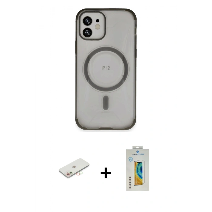 MARSİLYAN™- iPhone 12 Kılıf Eksen Klasik Koleksiyonu - Siyah Polymer Nano Ekran Koruyucu + Renkli Kamera Lens Koruma Cam - YL