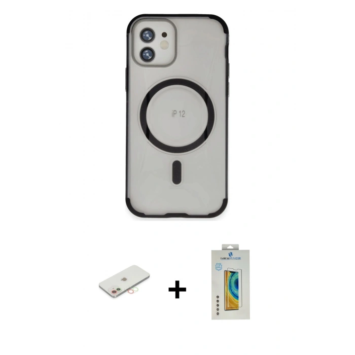 MARSİLYAN™- iPhone 12 Kılıf Eksen Klasik Koleksiyonu - Siyah Polymer Nano Ekran Koruyucu + Renkli Kamera Lens Koruma Cam - YL