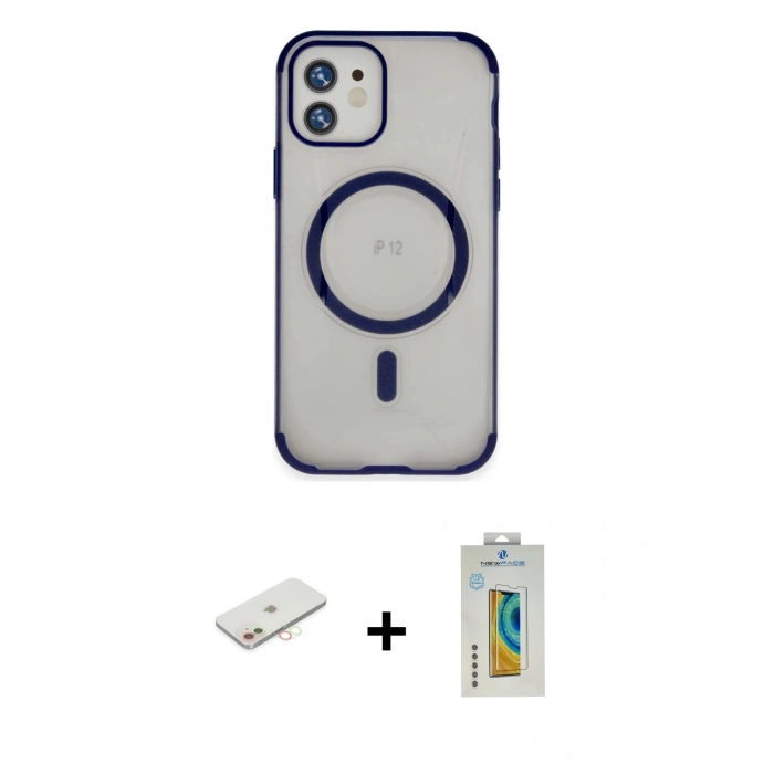 MARSİLYAN™- iPhone 12 Kılıf Eksen Klasik Koleksiyonu - Siyah Polymer Nano Ekran Koruyucu + Renkli Kamera Lens Koruma Cam - YL